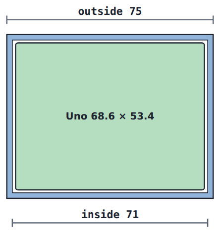 Uno 68.6 mm + 1 mm gap each side + 2 mm wall each side = 74.6 mm outside (rounded up to 75).