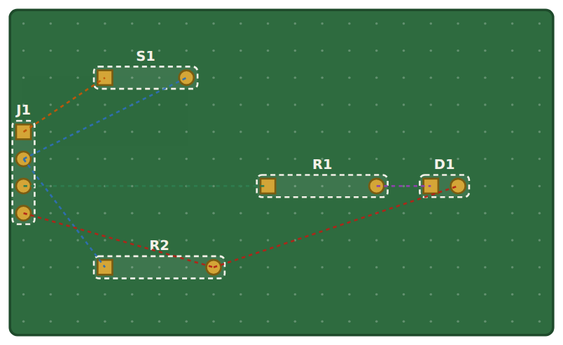 Parts placed in the order the signal flows: the ratsnest lines are short and hardly cross.