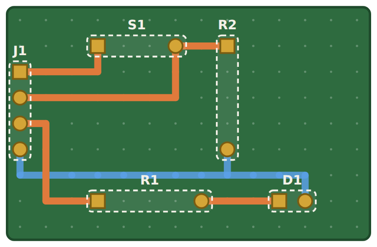 Top copper in orange, bottom copper in blue: GND passes under OUT on the other side of the board.