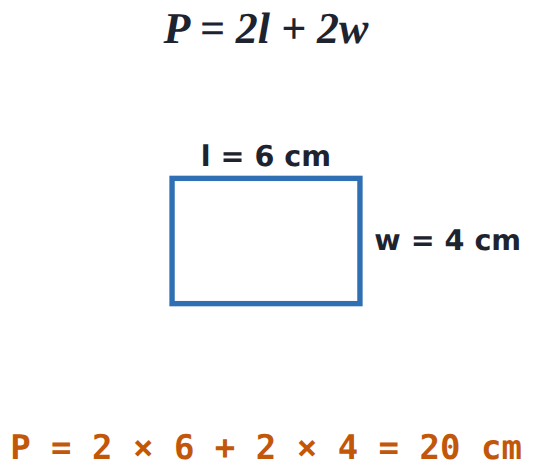 P = 20 and l = 6: 20 = 2 \times 6 + 2w, so 2w = 8 and w = 4. Check: 2 \times 6 + 2 \times 4 = 20.