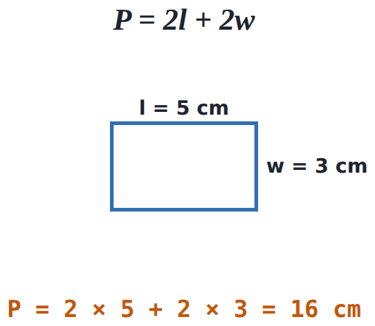 l = 5 and w = 3: write in the × signs, P = 2 \times 5 + 2 \times 3 = 10 + 6 = 16 cm.