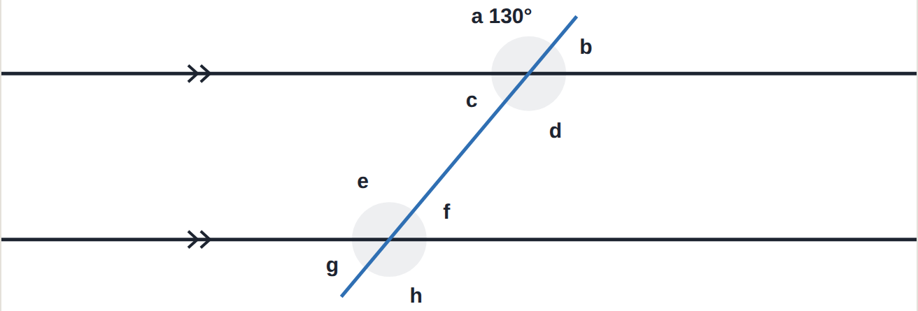 Two parallel lines. a = 130^\circ.
