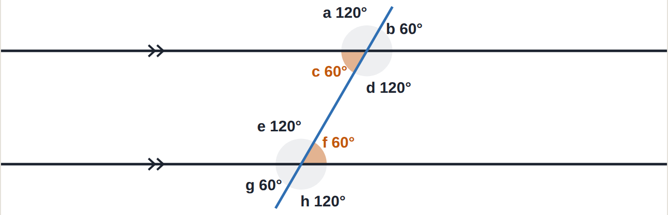 c and f are alternate angles: between the parallel lines, on opposite sides of the crossing line. Both are 60^\circ.