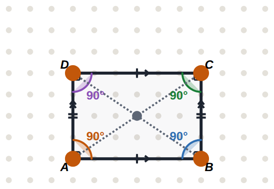 A rectangle and its diagonals AC and BD: equal, and they cut each other in half.