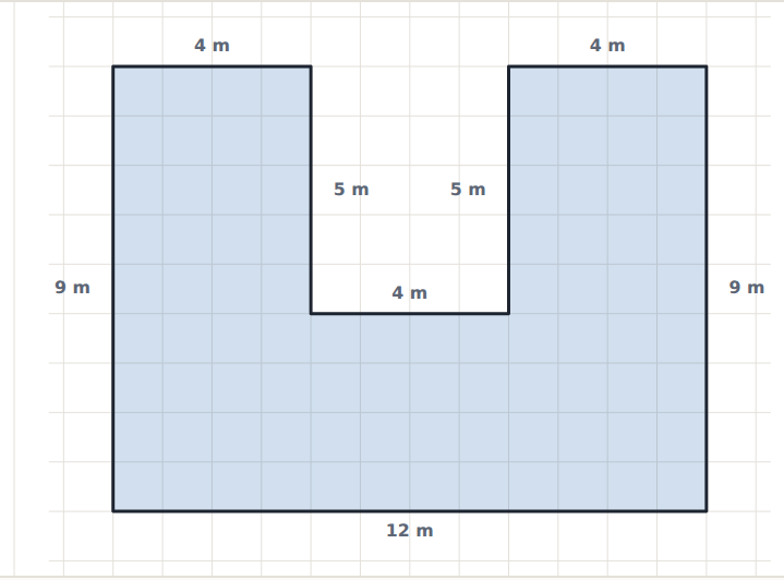 A U-shape: the 12 m by 9 m rectangle is 108 m², and the gap is 4 m by 5 m, so the area is 108 − 20 = 88 m².