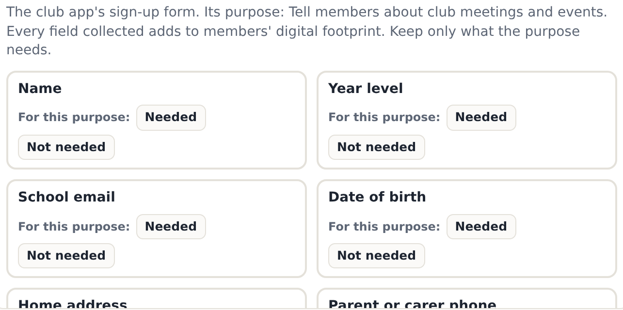 The club app's sign-up form: nine fields and settings to mark Needed or Not needed for its purpose, news about meetings.