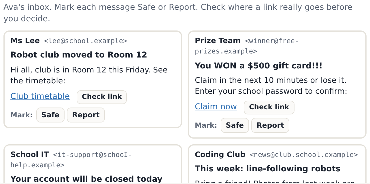 Ava's inbox: four messages to mark Safe or Report, each link checkable before deciding.