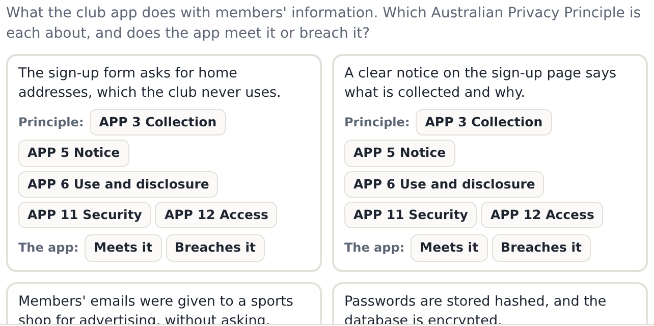 Five things the club app does with members' information, each to match to a principle and judge: meets it or breaches it.
