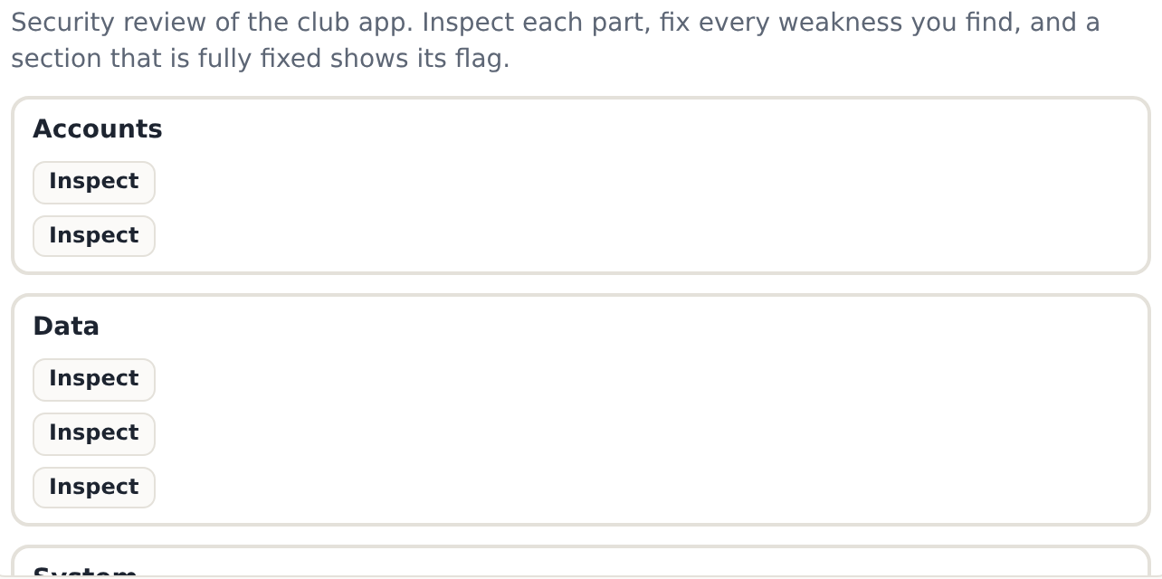 The security review: three sections of the club app (Accounts, Data, System), each with weaknesses to inspect and fix.