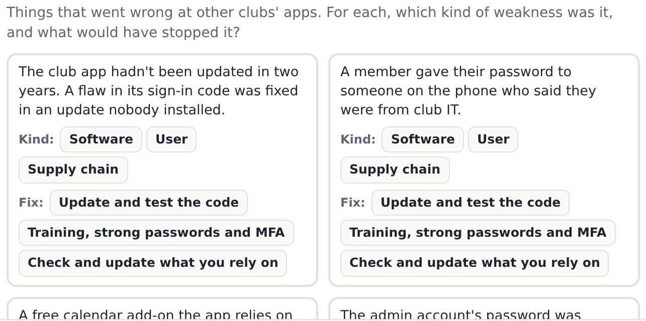 Six incidents at other clubs' apps, each to sort into software, user or supply chain, with the fix that would have stopped it.