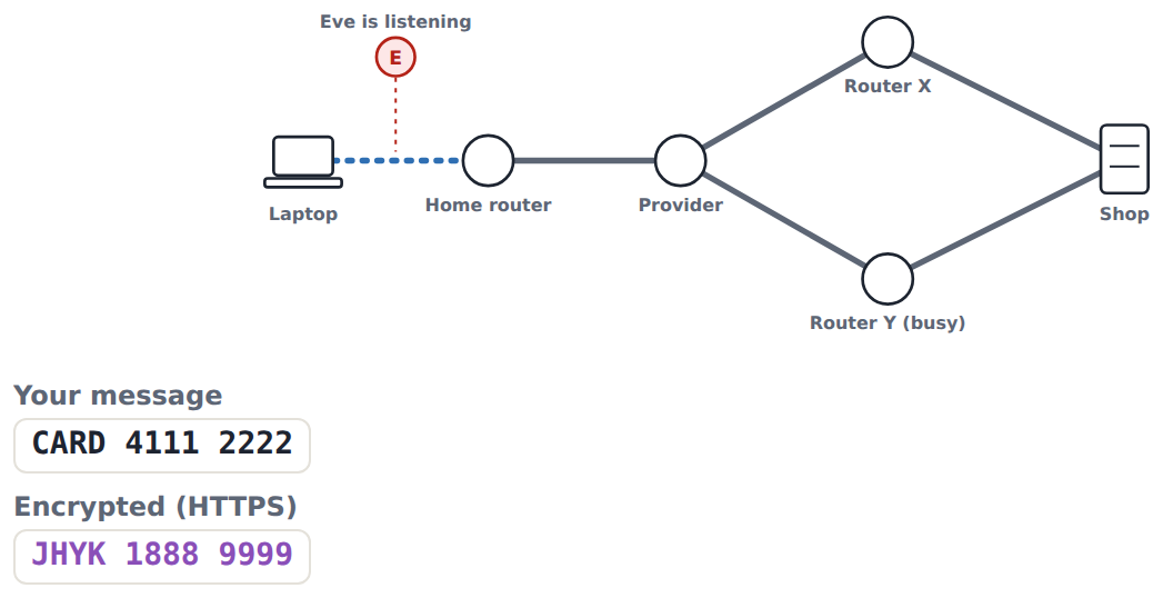 The journey of a purchase: Wi-Fi (wireless) to the home router, fibre (wired) to the provider, then routers to the shop. HTTPS keeps it encrypted the whole way.