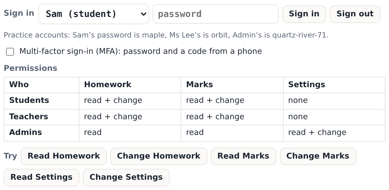 The portal's permissions: one cell gives a role more than its job needs. Finding it is one of the flags.