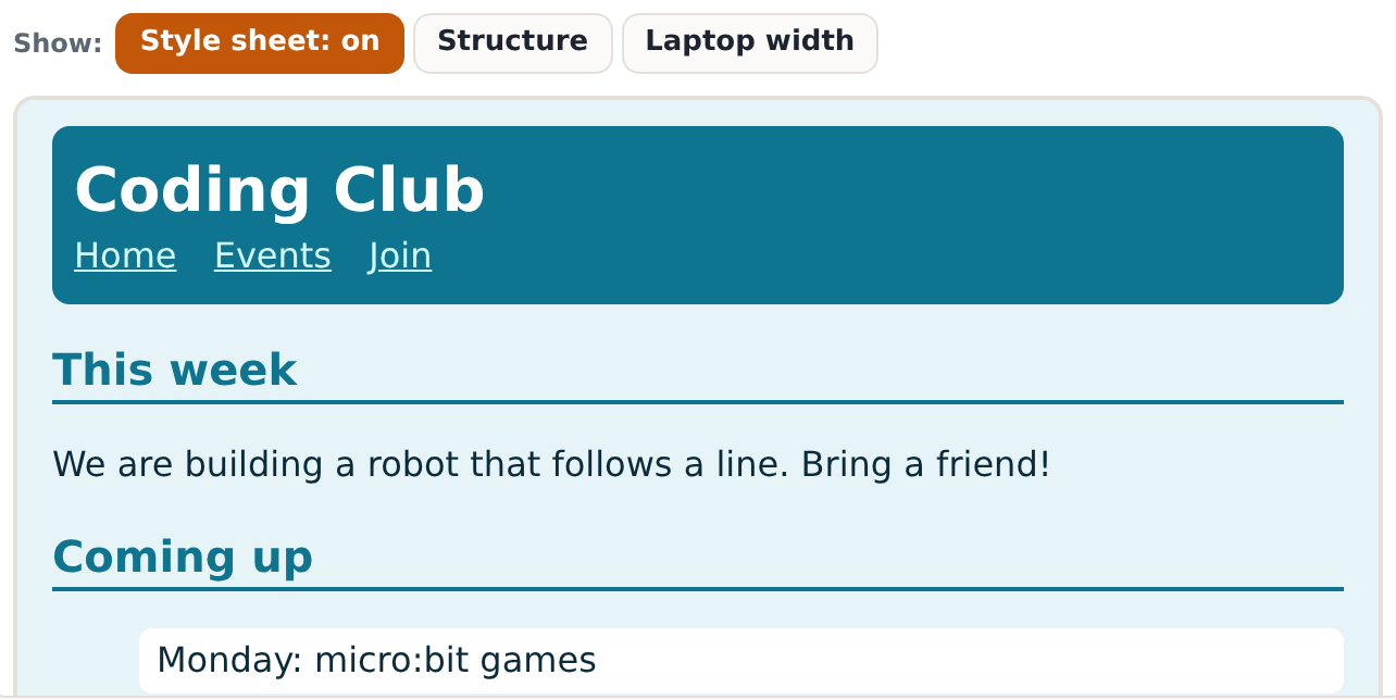 The club page: its content (the words), its structure (header, headings, a list) and its presentation (the Ocean style sheet).