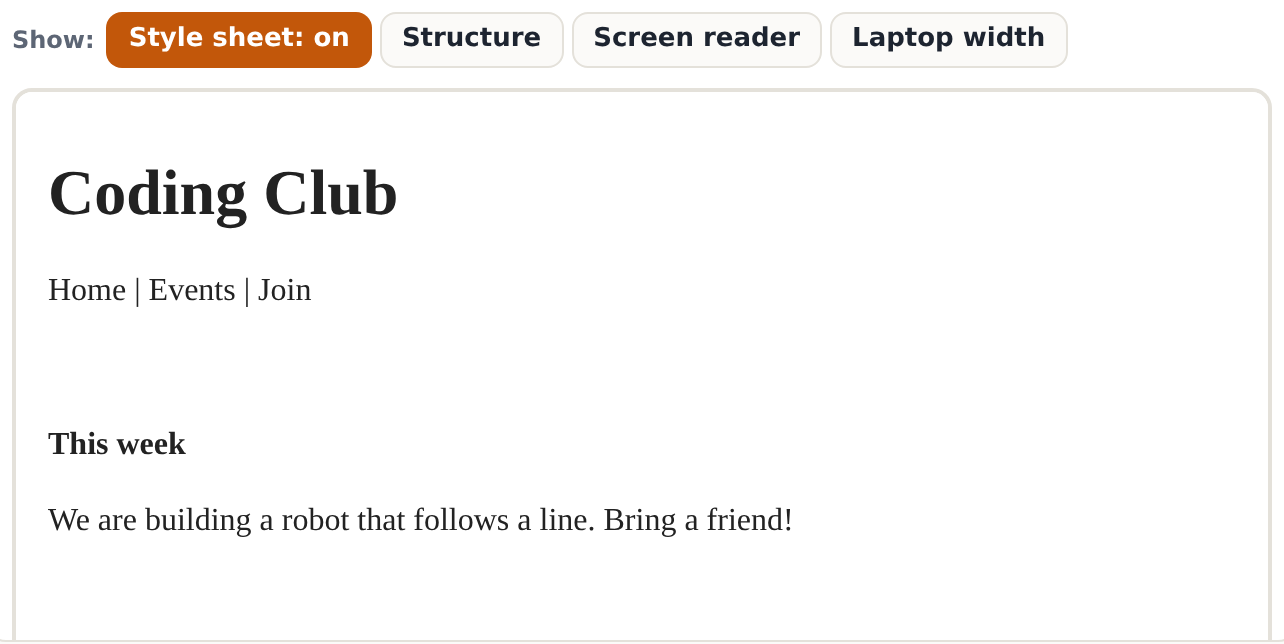 Page B: the same words as the club page, styled with big bold text instead of headings and a list.
