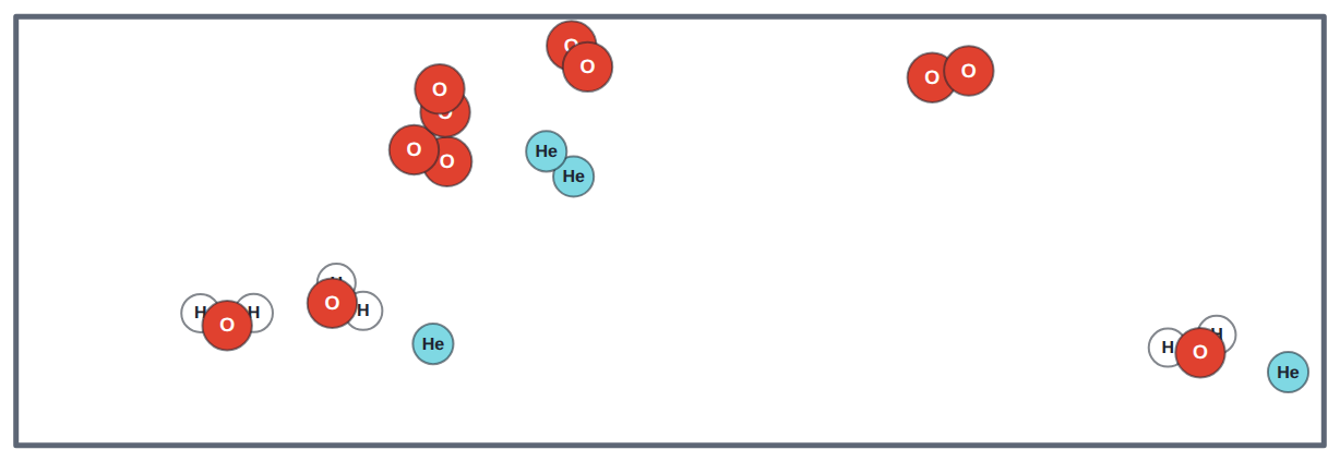 Oxygen (O₂) and helium (He): one type of atom each, so elements. Water (H₂O) has two types: a compound.