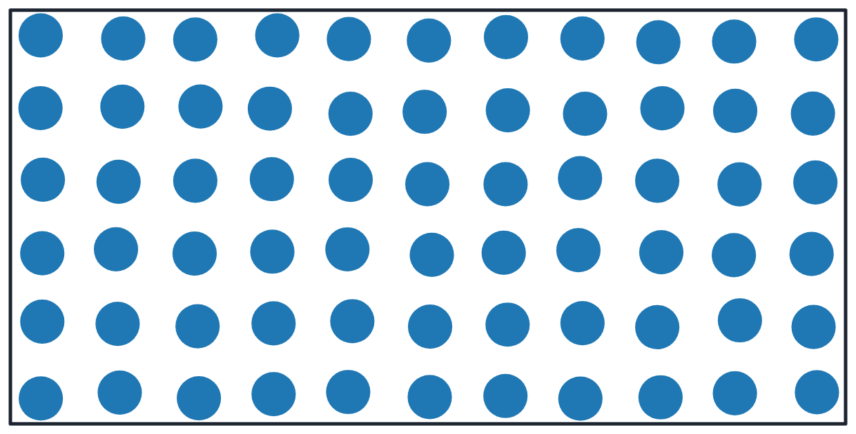 Ice, zoomed in: particles packed in a fixed pattern, with empty space between them.